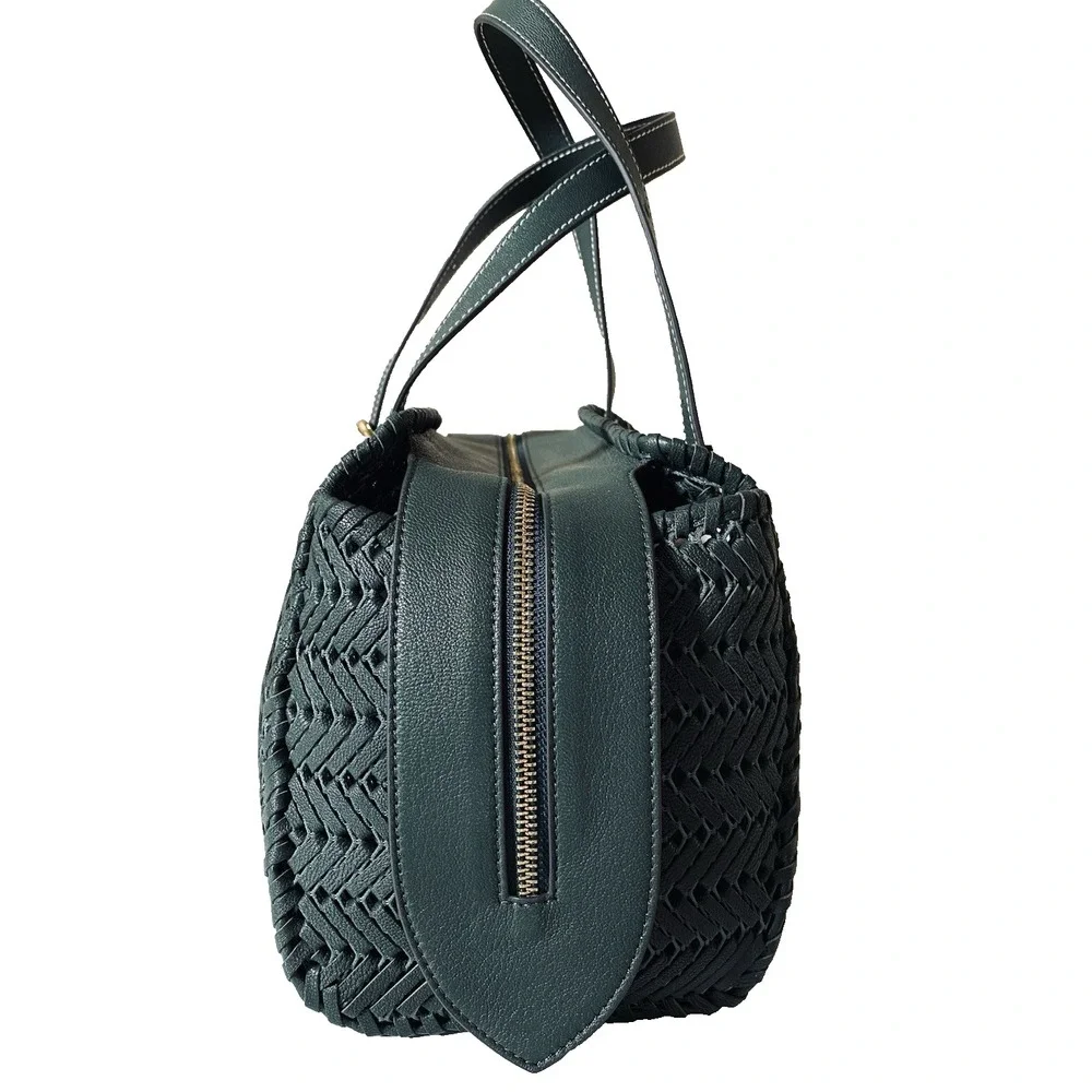 Anya Hindmarch Neeson Zip Top Handbag Woven Braided Leather Top Handle Green